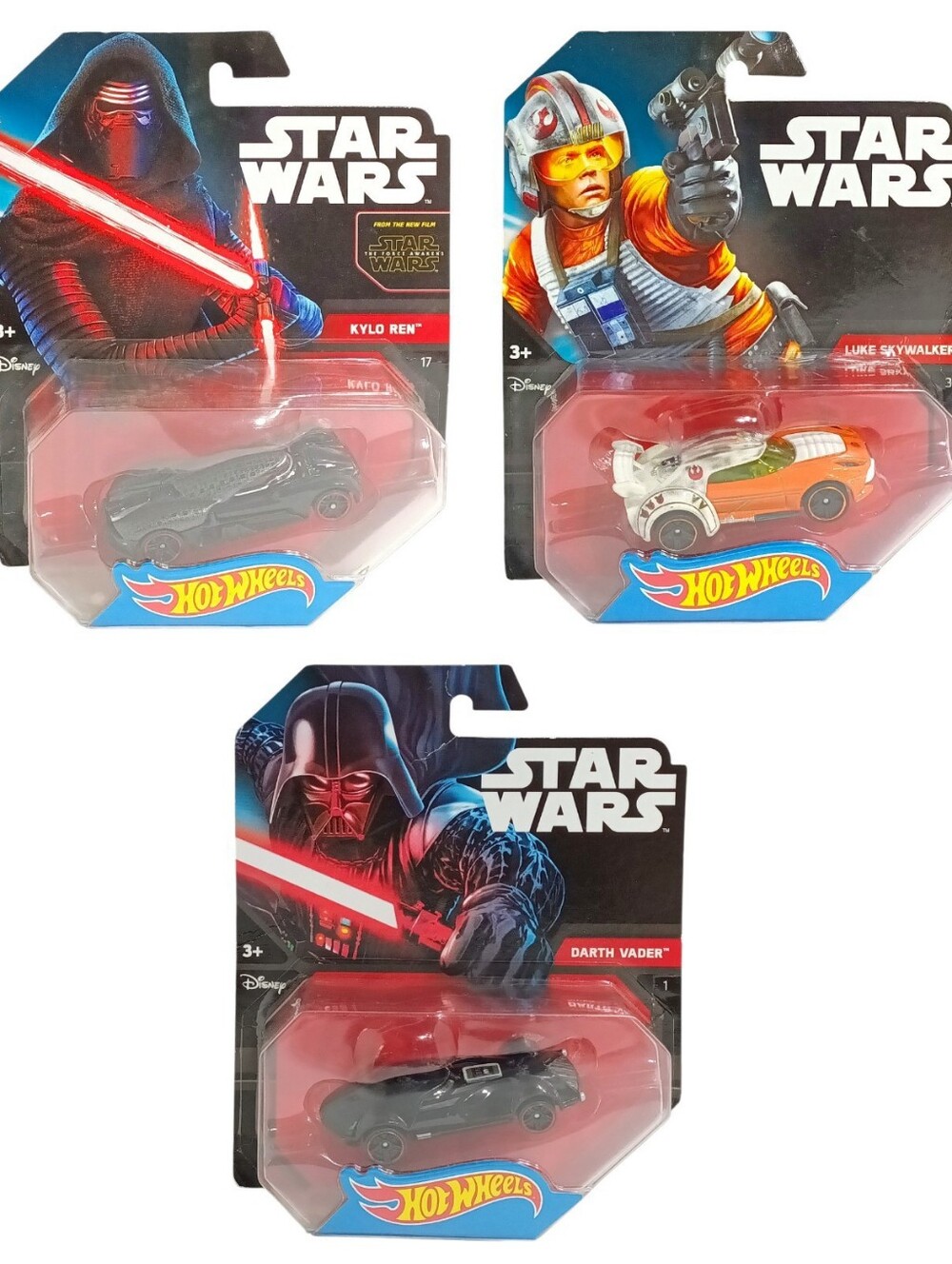 3 x Hot Wheels Star Wars Die Cast Collectible Cars Darth Vader, Kylo Ren, Luke S